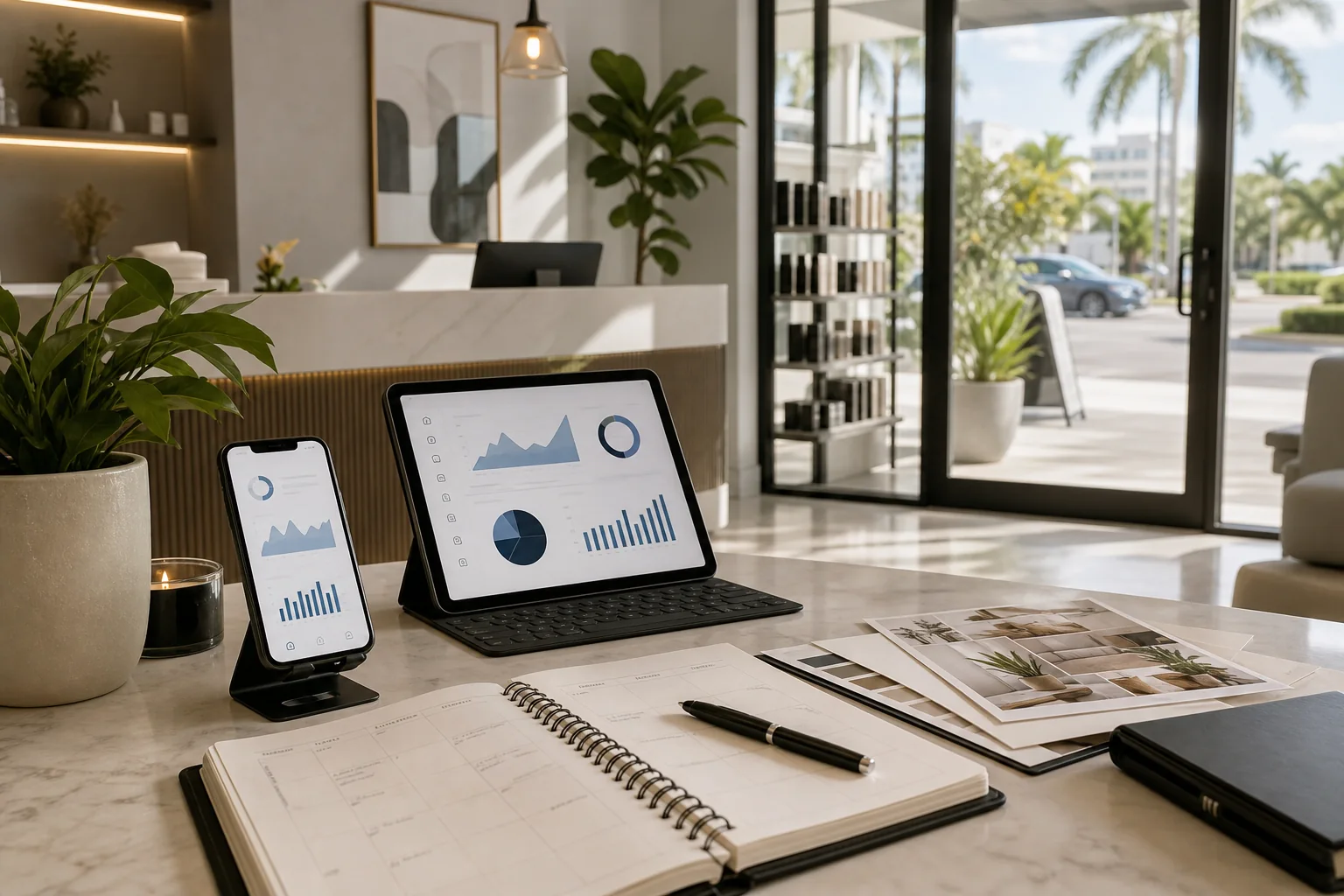 Local business reception with phone and tablet analytics
