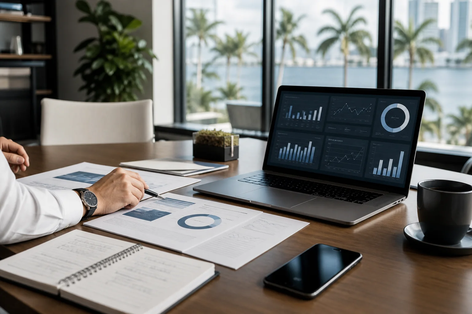 Dashboard and KPI reports on a modern business table